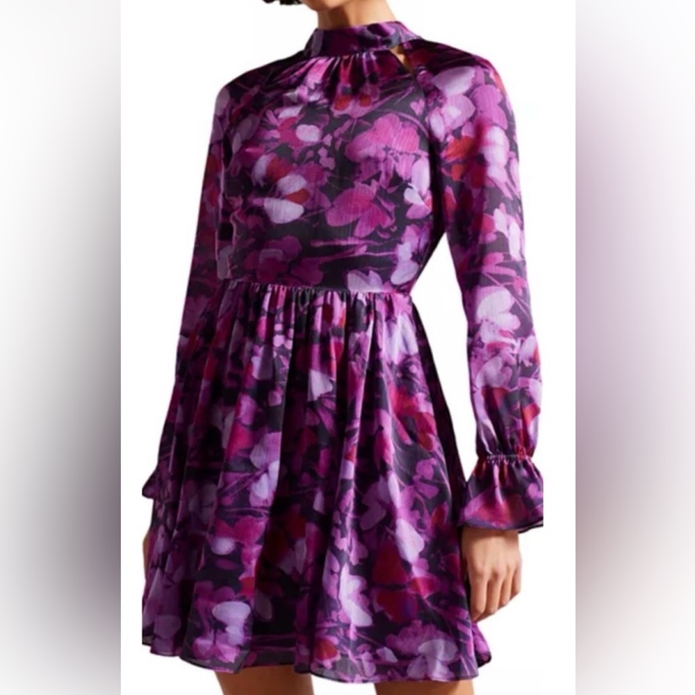 Ted Baker Purple Floral Sammieh High Neck & Flare Mini Dress Size 6
